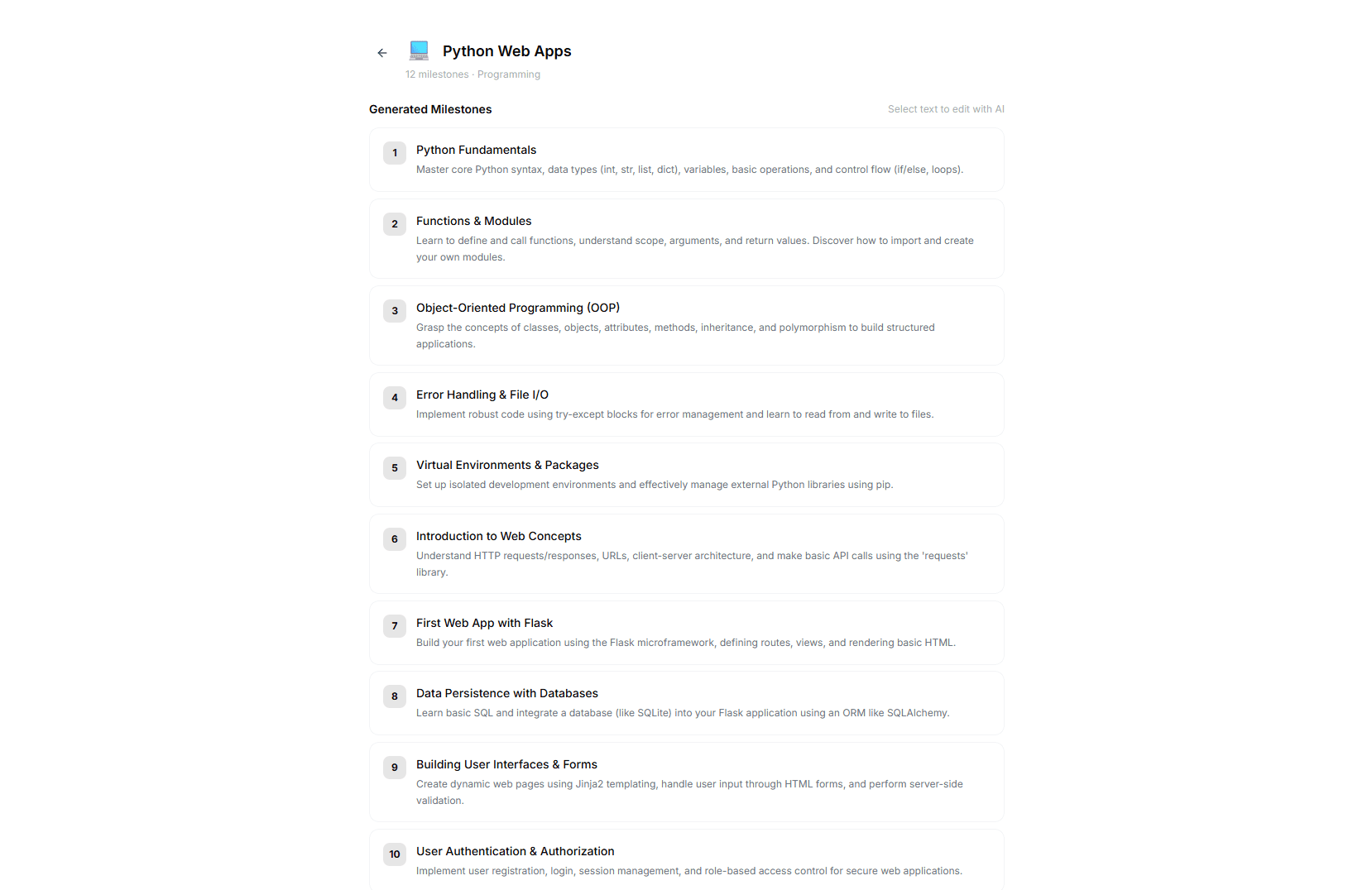 SkillTree platform showing AI-generated curriculum